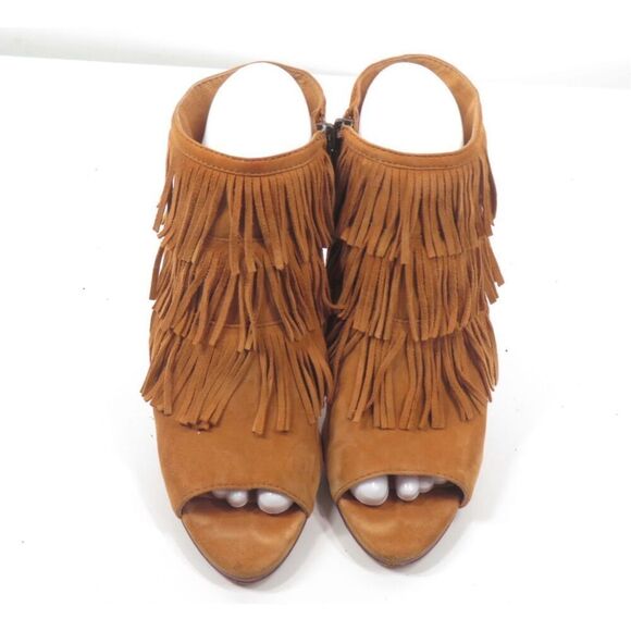 Vince Camuto Jadon Brown Leather Fringe Slingback Sandal Block Heel Women 6.5 - Picture 2 of 10